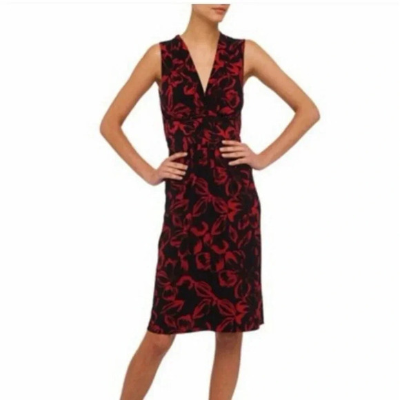 Norma Kamali Faux Wrap Dress Size Large Black Red Floral Jersey Stretch Work - Picture 1 of 12